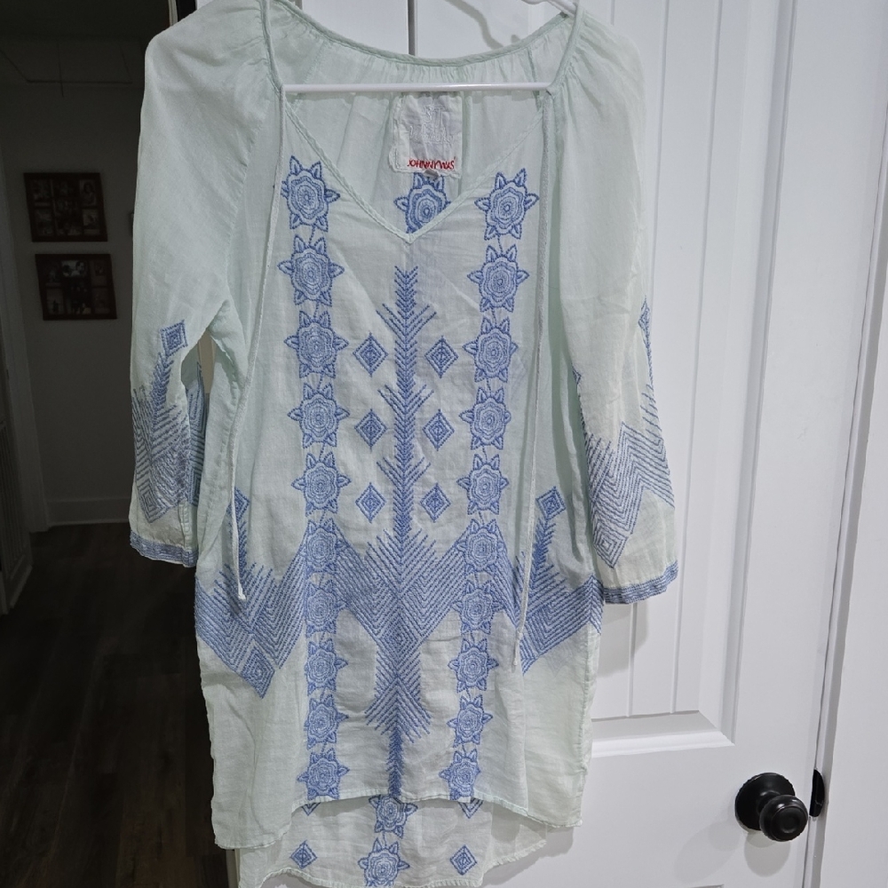 Johnny Was Mint Green Tunic with Blue Embroidery